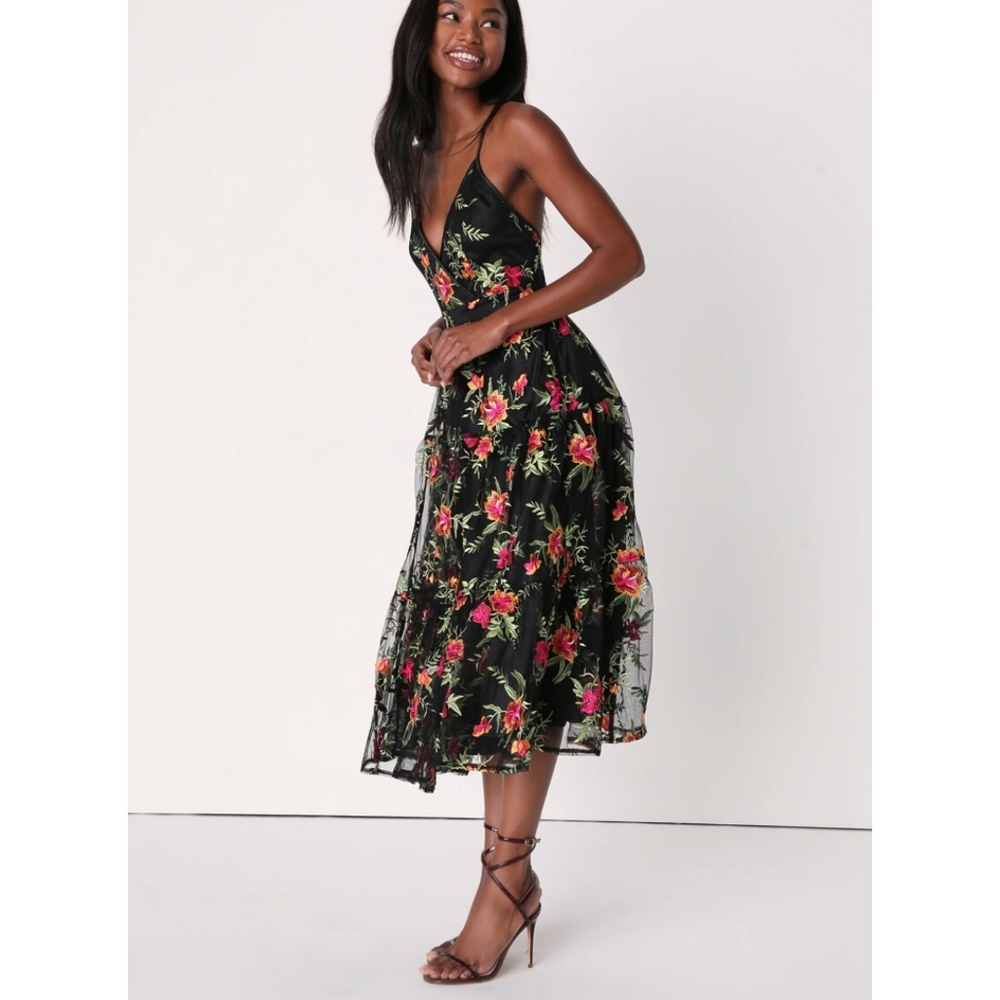 Lulu's Garden Gathering Black Floral Embroidered Midi Dress